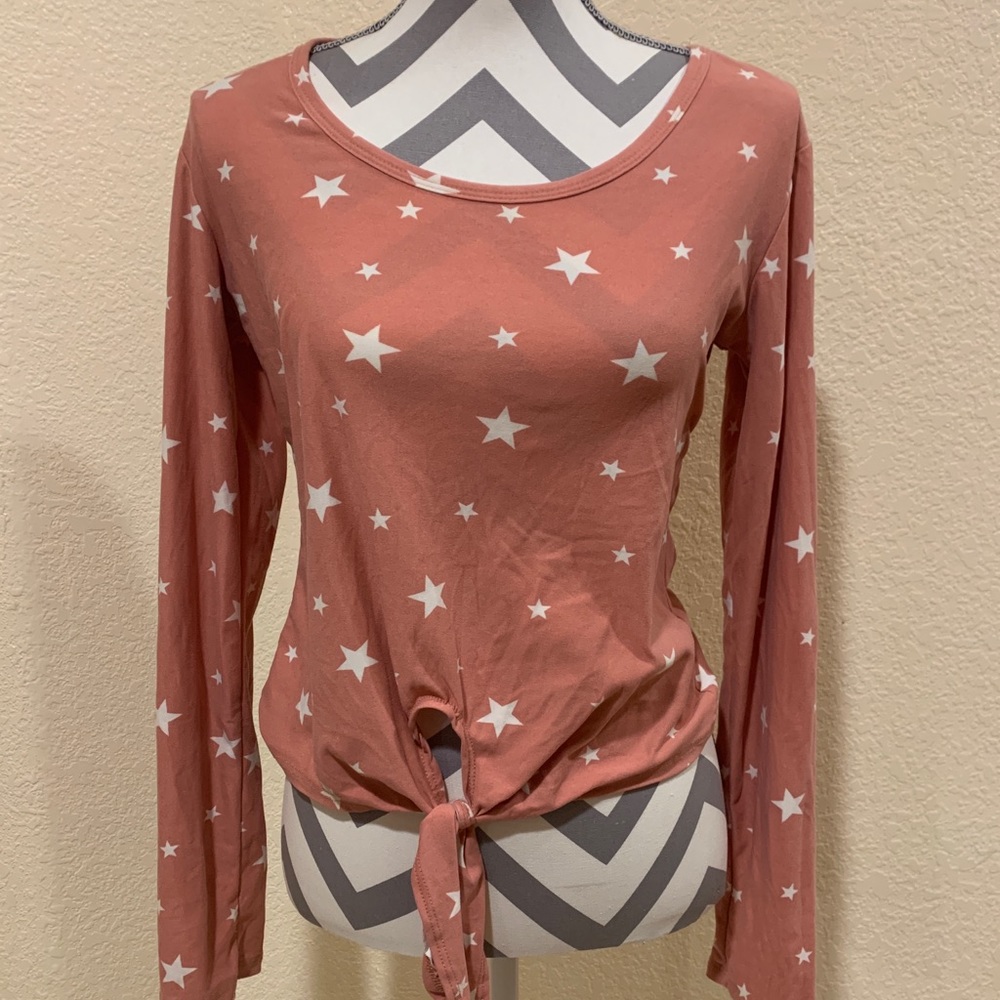 Pink & white long sleeve top with tie size medium justify